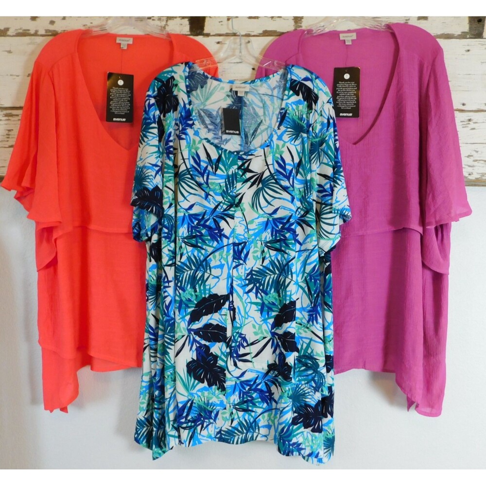 Avenue Tops Womens 30/32 Lot of 3, Short Sleeve Knit & Crepe Layered NWT Pretty